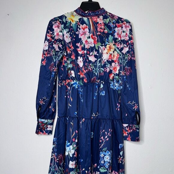 Dalia MacPhee Dress Large Black Pink Floral Button-Front Long Sleeve midi Size S - Picture 14 of 14